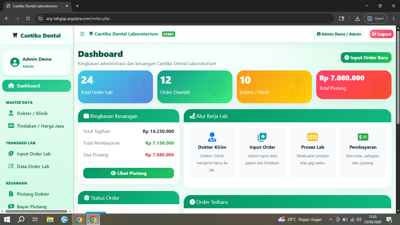 Aplikasi laboratorium gigi berbasis web untuk mengelola order, tagihan, pembayaran, dan laporan
