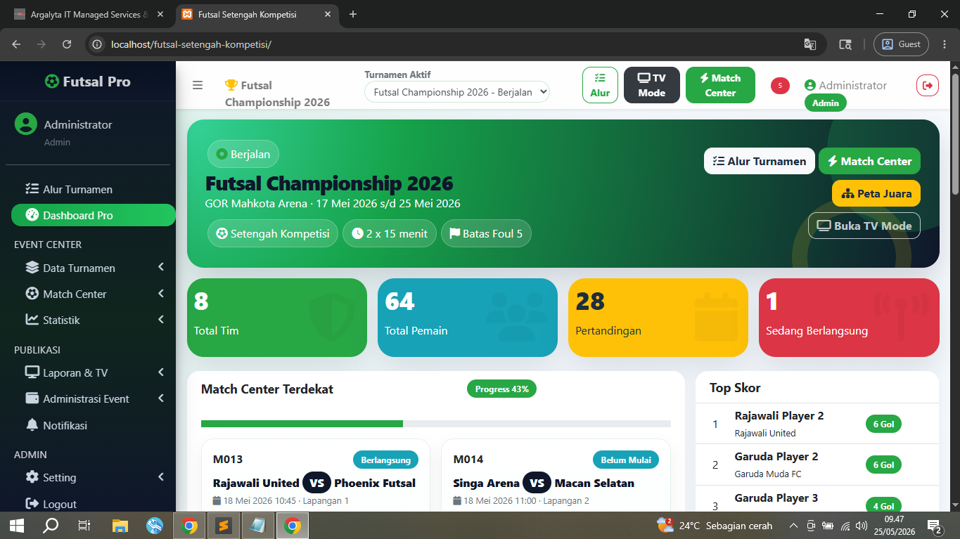 Preview Aplikasi Management Pertandingan Futsal/Sepak Bola Setengah Kompetisi Berbasis Web