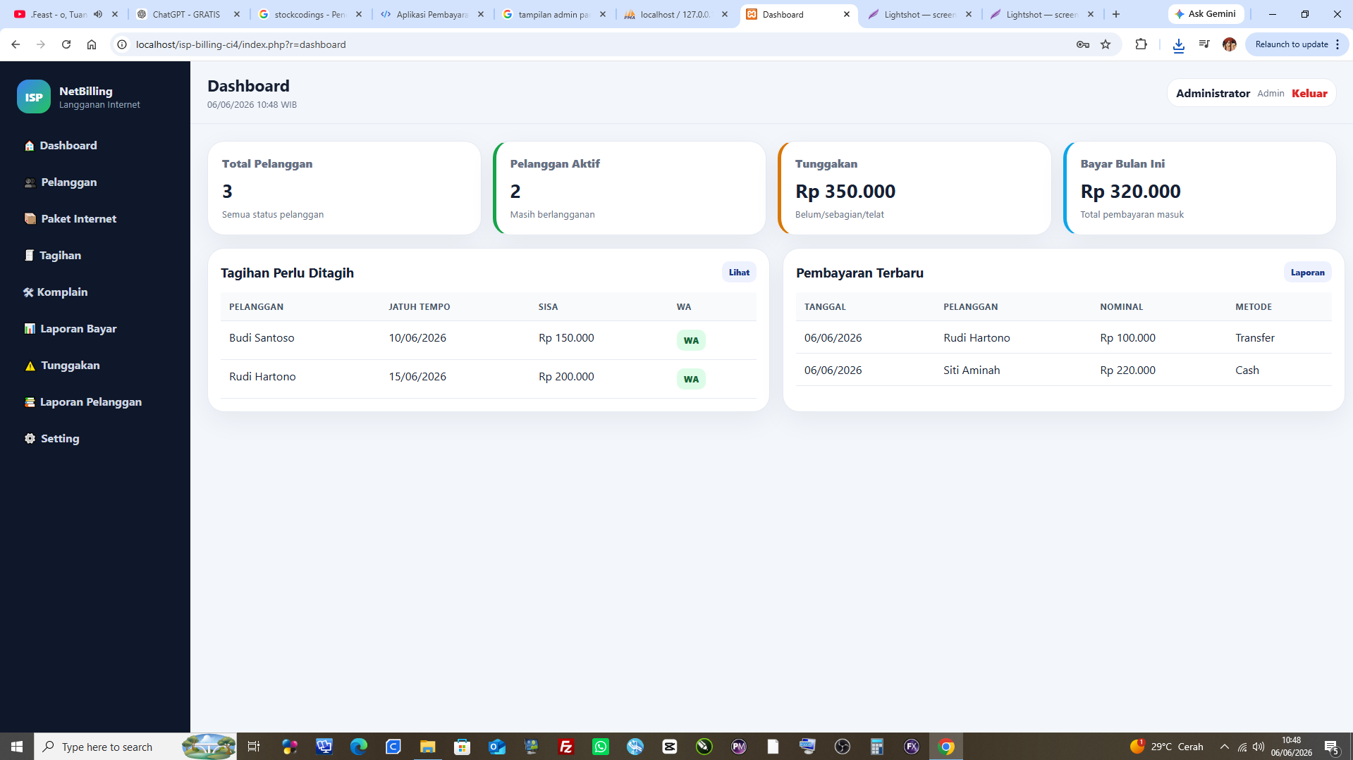 Preview Aplikasi Billing Langganan Internet Gratis Berbasis Web PHP MySQL