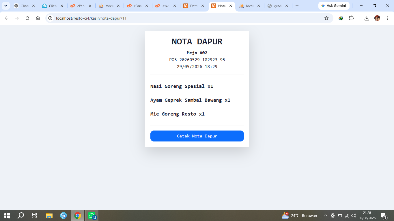 dibuatkan juga nota pesanan untuk dapur jika layar pesanan tidak disediakan