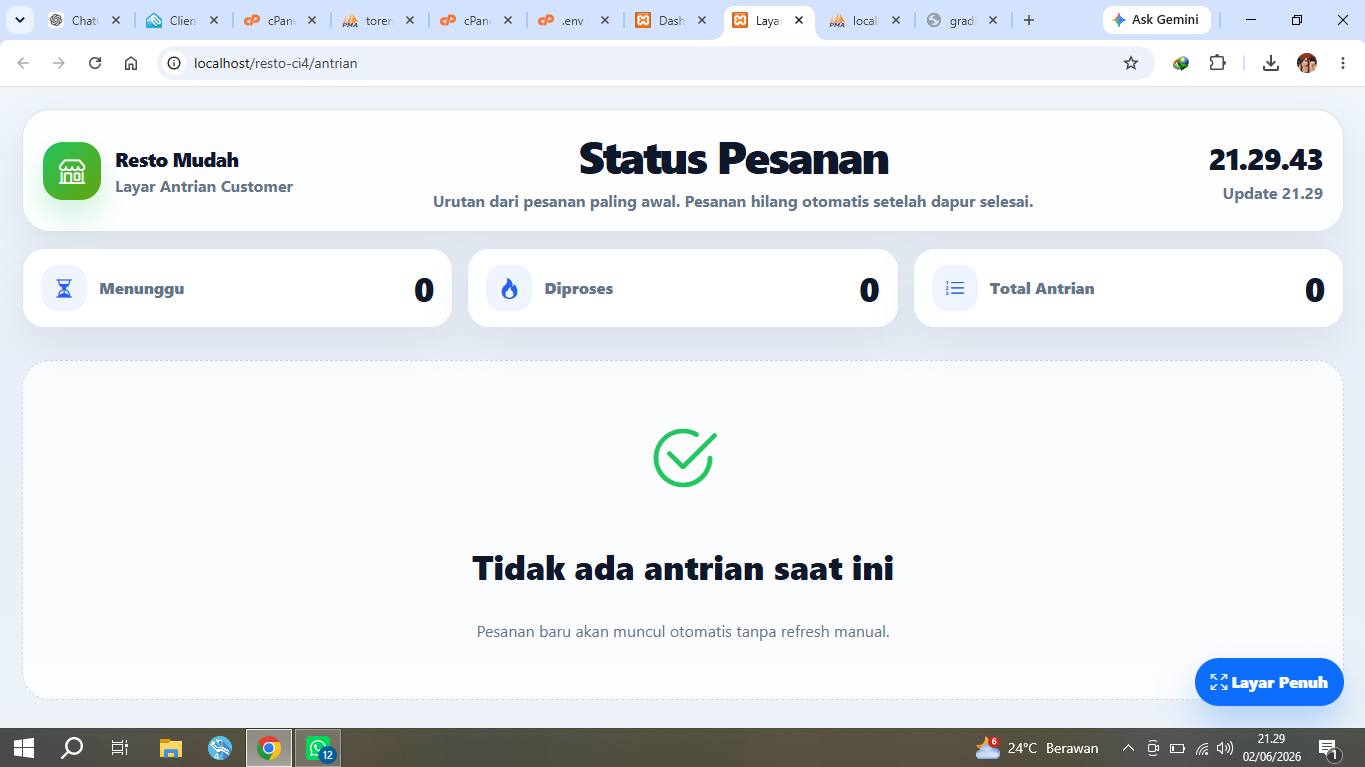 layar antrian supaya pelanggan tau pesanannya sudah sampai mana