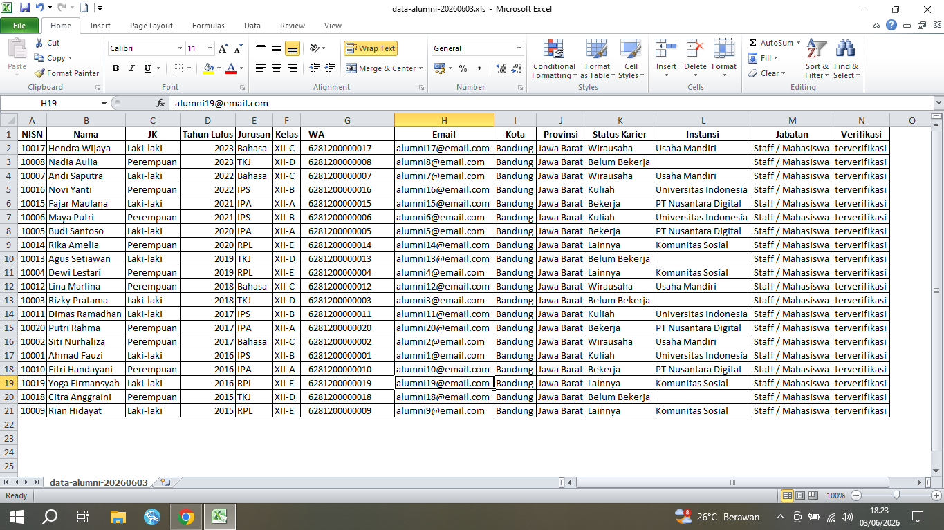 laporan pendataan alumni via excel